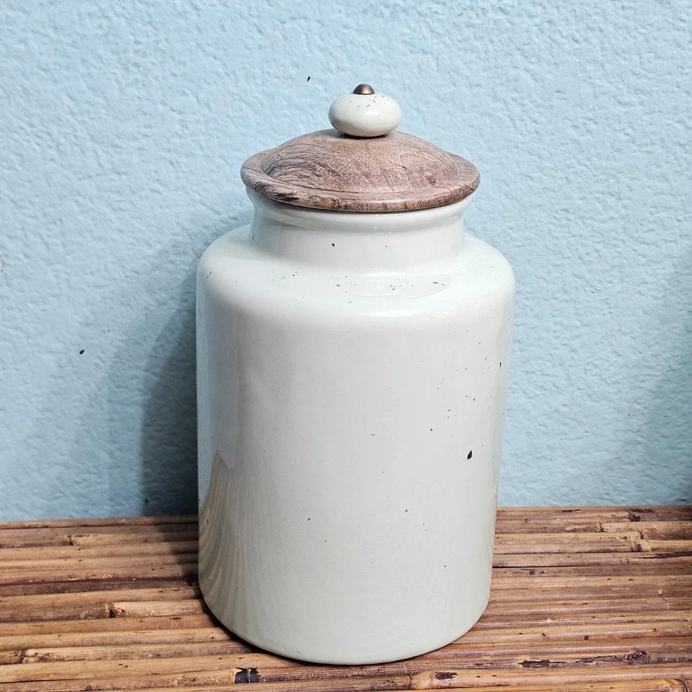 Pier 1 Imports Mint Green Speckled Ceramic Canister Set Wood Lids Farmhouse